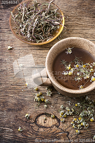 Image of tea brewed with chamomile in ceramic mugs