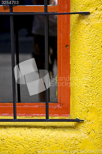 Image of  old red window and iron grate