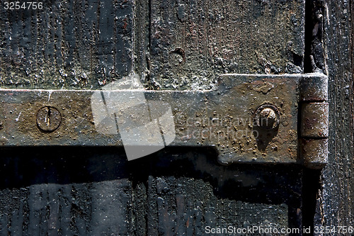 Image of  old iron metal lock screw and wood 