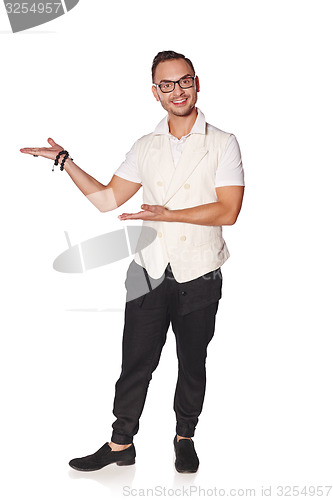 Image of Man showing holding blank copy space on the palm