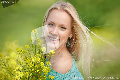 Image of Beautiful woman over nature background