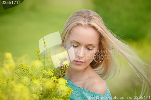Image of Beautiful woman over nature background