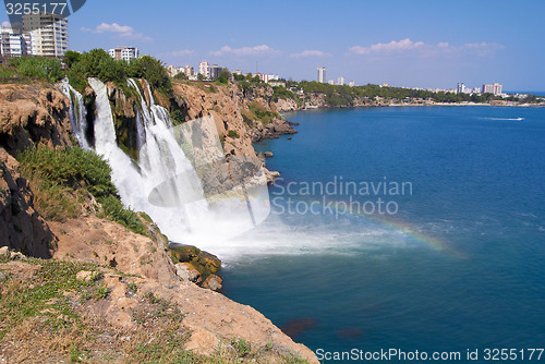 Image of Wonderful rainbow on Duden river Waterfall  in Antalya, Turkey