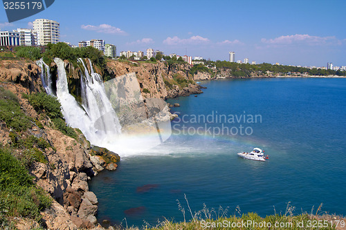 Image of Wonderful rainbow on Duden river Waterfall  in Antalya, Turkey