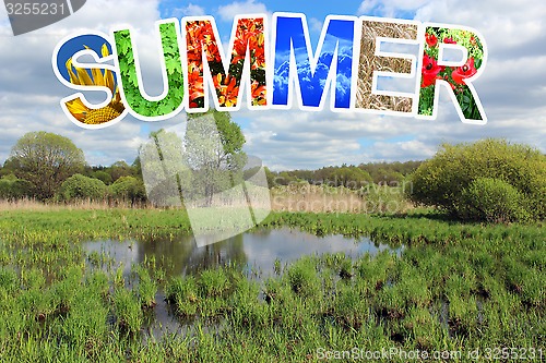 Image of word summer by different letters and landscape