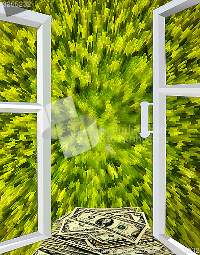 Image of window opened to green abstraction and dollars