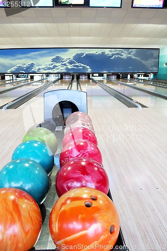 Image of balls for bowling in bowling-alley