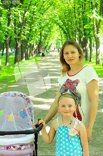 Image of woman with baby in perambulator and elder daughter