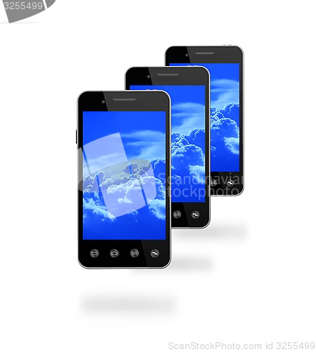 Image of smart-phones with picture of blue clouds