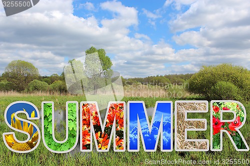 Image of word summer by different letters and landscape