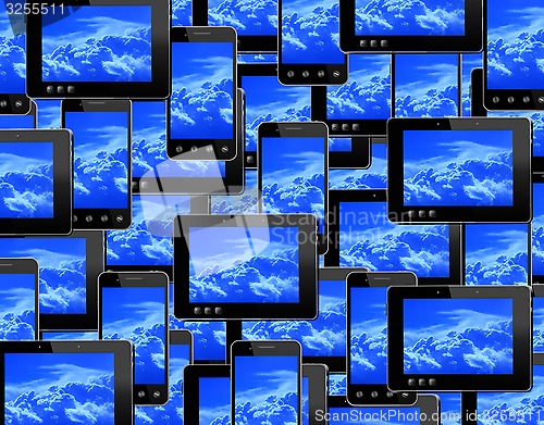 Image of smart-phones and tablets with image of blue sky