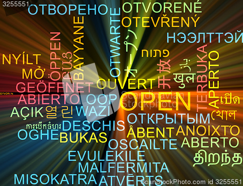 Image of Open multilanguage wordcloud background concept glowing