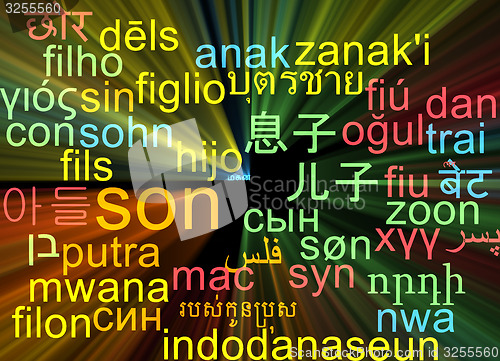 Image of Son multilanguage wordcloud background concept glowing