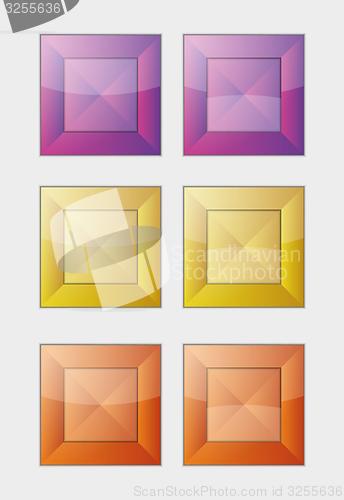 Image of six color square badges or buttons