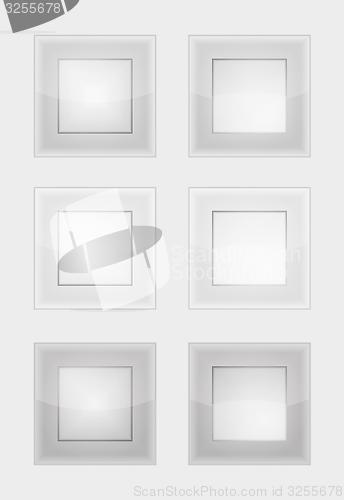 Image of six gray square badges or buttons