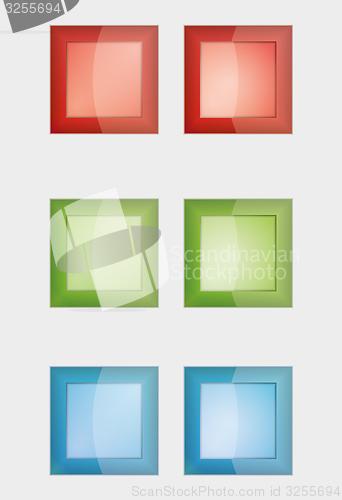 Image of six color square badges or buttons