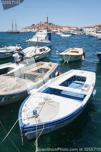 Image of Anchored boats with town of Rovinj in background