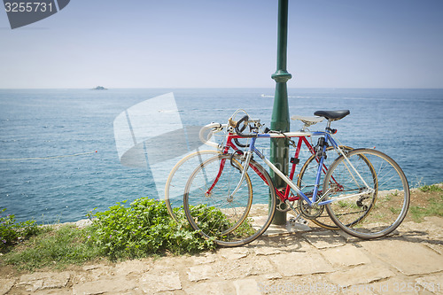 Image of Two bikes tied to pole