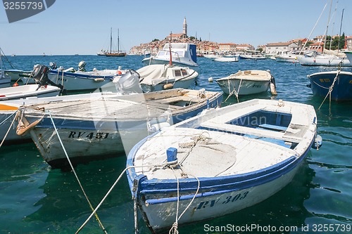 Image of Boat marina with town of Rovinj in background