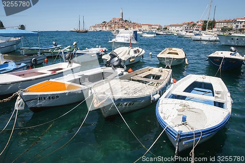 Image of Moored boats with town of Rovinj in background