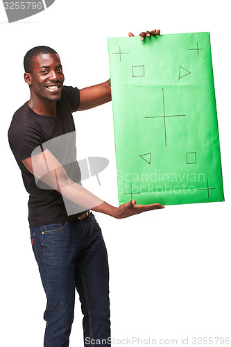 Image of The smiling african man as black businessman with green panel