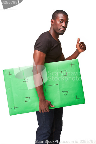 Image of The smiling african man as black businessman with green panel