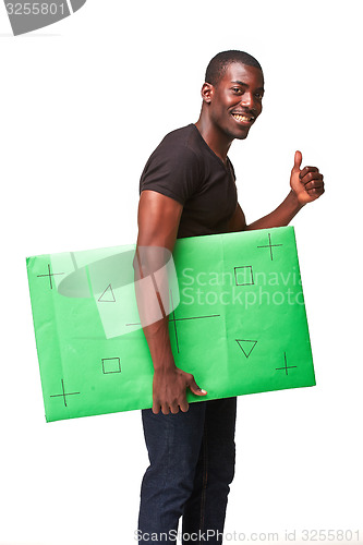 Image of The smiling african man as black businessman with green panel