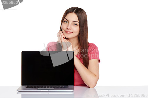 Image of Woman showing  laptop screen