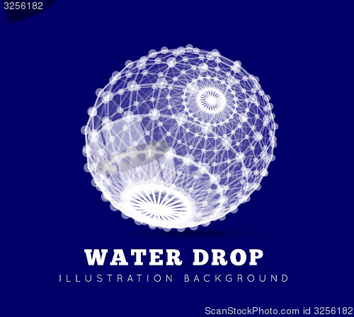 Image of Spherical drop of water on a blue background