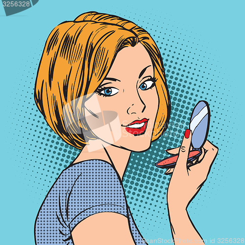 Image of face of a girl with her compact mirror makeup woman pop art comi