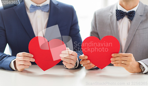 Image of close up of male gay couple holding red hearts