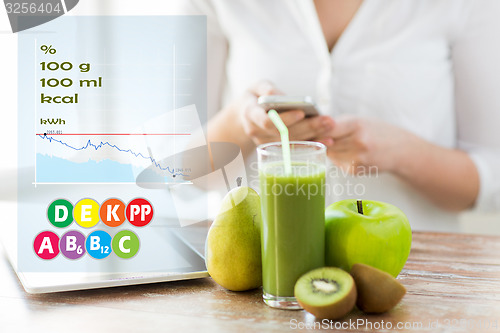 Image of close up of woman with smartphone and fruits