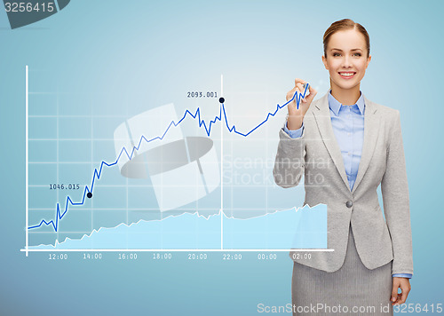 Image of smiling businesswoman drawing growing chart