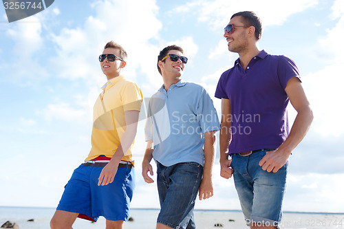 Image of smiling friends in sunglasses walking along beach