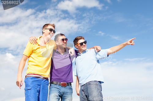 Image of smiling friends in sunglasses pointing finger