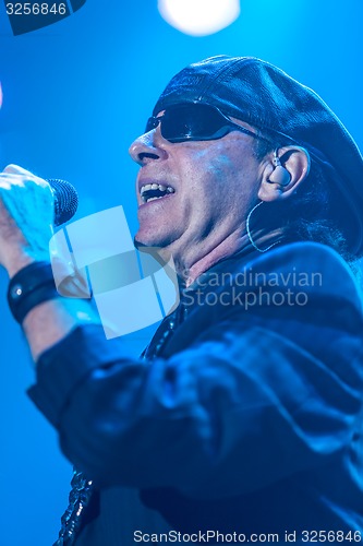 Image of Dnipropetrovsk, Ukraine - October 31, 2012: Klaus Meine from Scorpions rock band performs live at Sports Palace SC \"Meteor\". \"Final tour\"concert 