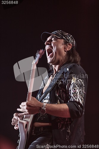 Image of DNIPROPETROVSK, UKRAINE - OCTOBER 31: Matthias Jabs from Scorpions rock band performs live at Sports Palace SC \"Meteor\". \"Final tour\"concert on October 31, 2012 in DNIPROPETROVSK, UKRAINE