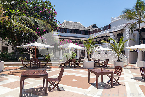 Image of palm trees and tables