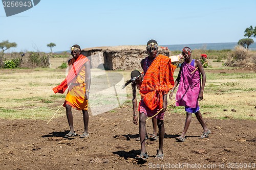 Image of MASAI MARA,KENYA, AFRICA- FEB 12 Masai men,review of daily life of local people,near to Masai Mara National Park Reserve, Feb 12, 2010,Kenya