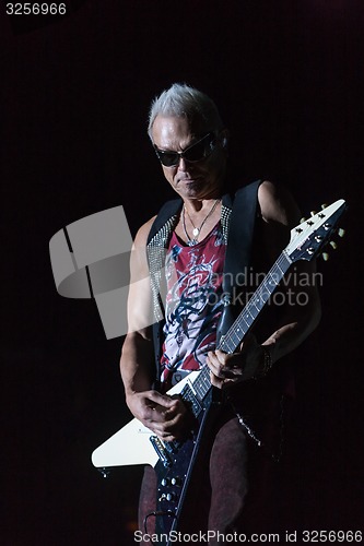 Image of DNIPROPETROVSK, UKRAINE - OCTOBER 31: Rudolf Schenker from Scorpions rock band performs live at Sports Palace SC \"Meteor\". \"Final tour\"concert on October 31, 2012 in DNIPROPETROVSK, UKRAINE