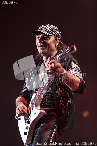 Image of DNIPROPETROVSK, UKRAINE - OCTOBER 31: Matthias Jabs from Scorpions rock band performs live at Sports Palace SC \"Meteor\". \"Final tour\"concert on October 31, 2012 in DNIPROPETROVSK, UKRAINE