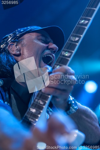 Image of DNIPROPETROVSK, UKRAINE OCTOBER 31 Matthias Jabs from Scorpions rock band performs live at Sports Palace Meteor. Final tour concert on October 31, 2012 in DNIPROPETROVSK, UKRAINE