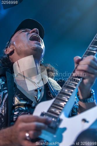 Image of DNIPROPETROVSK, UKRAINE OCTOBER 31 Matthias Jabs from Scorpions rock band performs live at Sports Palace Meteor. Final tour concert on October 31, 2012 in DNIPROPETROVSK, UKRAINE