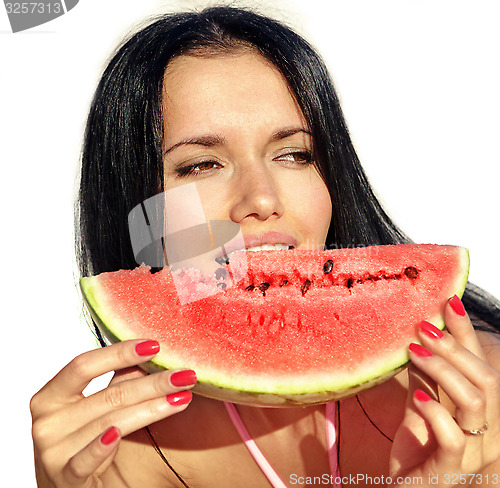 Image of attractive girl eats watermelon