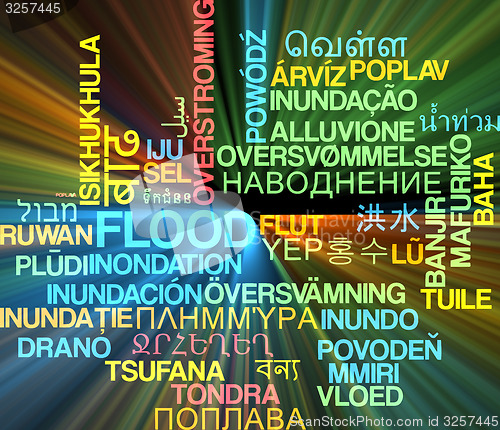 Image of Flood multilanguage wordcloud background concept glowing