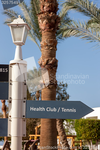 Image of signboard on the beach at hotel, Egypt