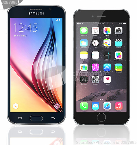 Image of Black Sapphire Samsung Galaxy S6 and black Apple iPhone 6 on whi