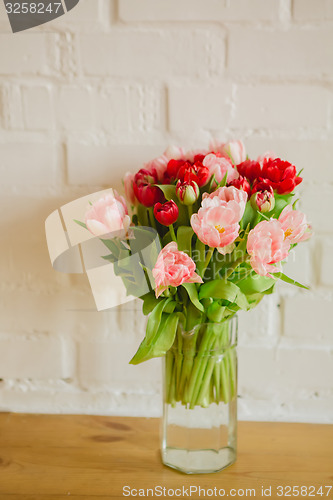 Image of bouquet of tulips on white background for advertising