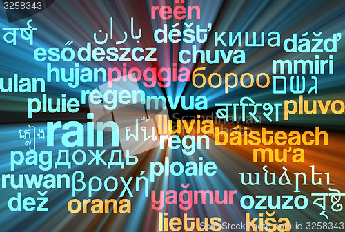 Image of Rain multilanguage wordcloud background concept glowing