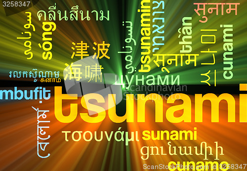 Image of Tsunami multilanguage wordcloud background concept glowing